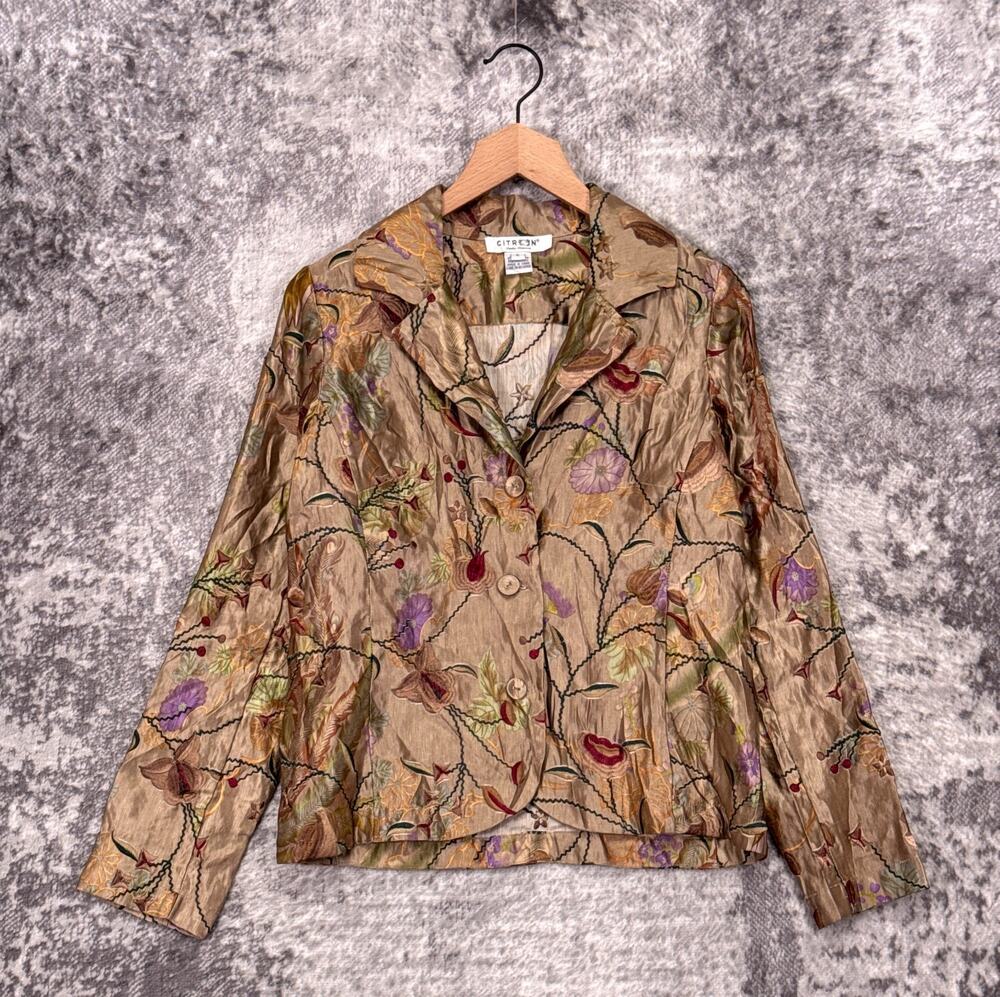 Citron Santa Monica Jacket Small Womens Silk Linen Embroidered Gold